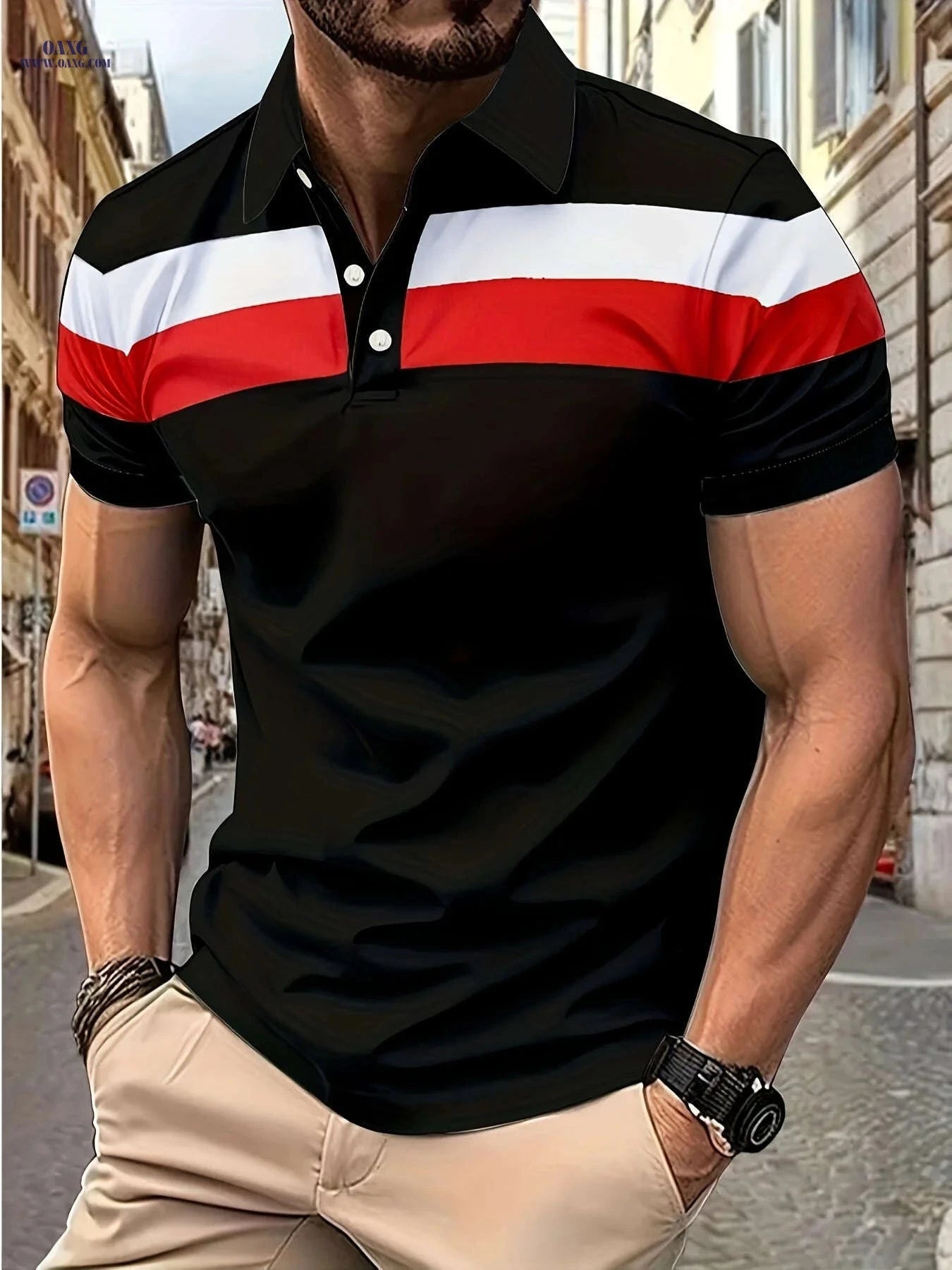 Casual Men's Color Block Short Sleeve Lapel Shirt for Summer Golf   OAXG 