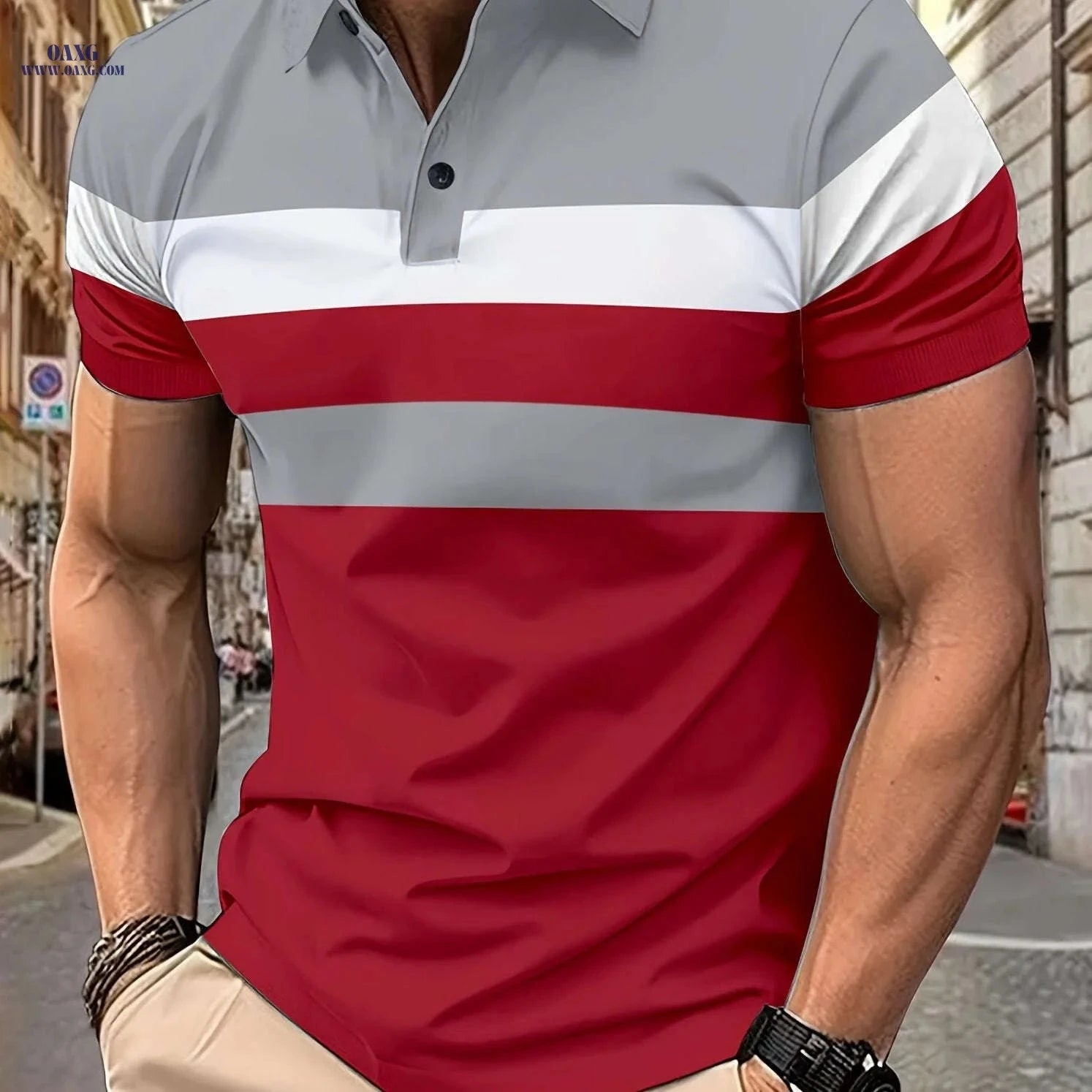 Casual Men's Color Block Short Sleeve Lapel Shirt for Summer Golf   OAXG 