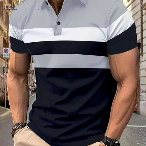 Casual Men's Color Block Short Sleeve Lapel Shirt for Summer Golf   OAXG Light Grey+Navy Blue / FR XS