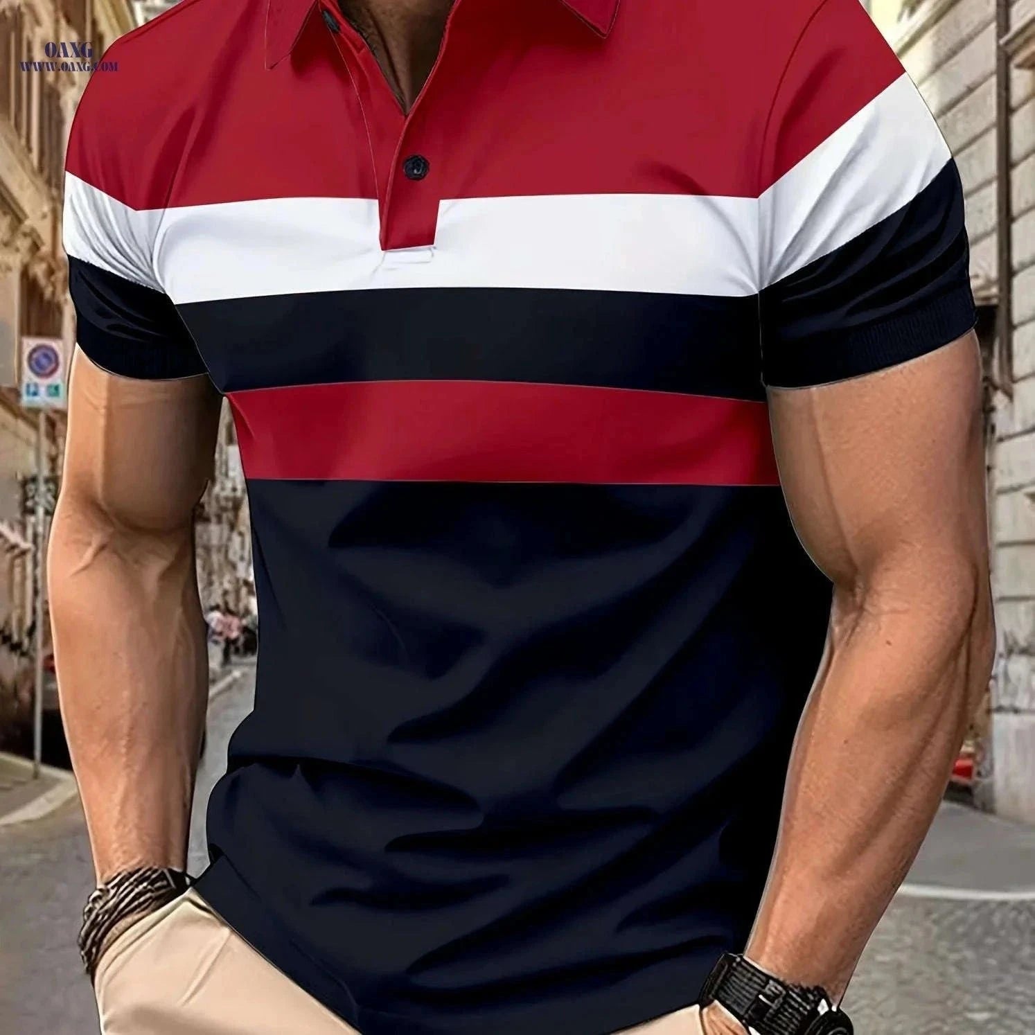 Casual Men's Color Block Short Sleeve Lapel Shirt for Summer Golf   OAXG Light Grey+Navy Blue / FR XS
