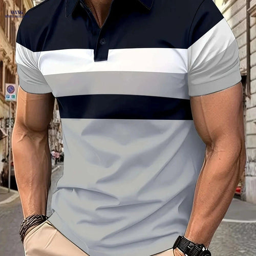 Casual Men's Color Block Short Sleeve Lapel Shirt for Summer Golf   OAXG Light Grey+Navy Blue / FR XS
