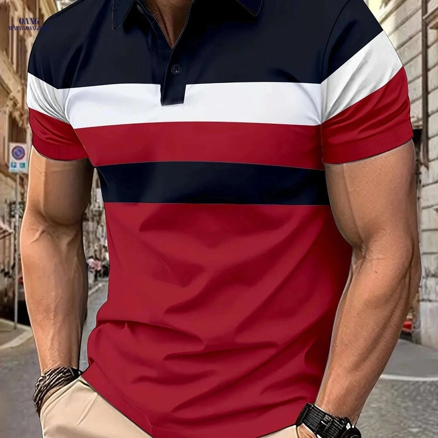 Casual Men's Color Block Short Sleeve Lapel Shirt for Summer Golf   OAXG Light Grey+Navy Blue / FR XS