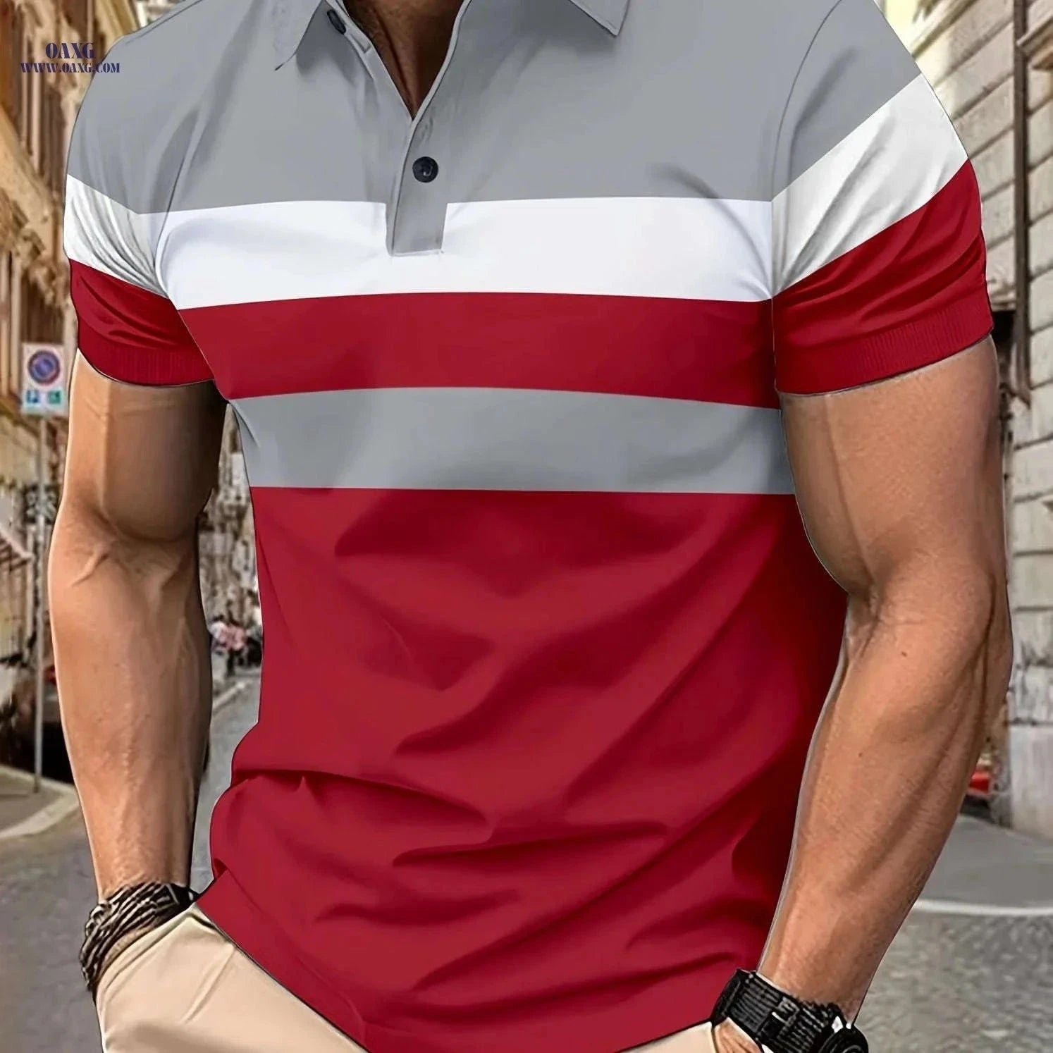 Casual Men's Color Block Short Sleeve Lapel Shirt for Summer Golf   OAXG Light Grey+Navy Blue / FR XS