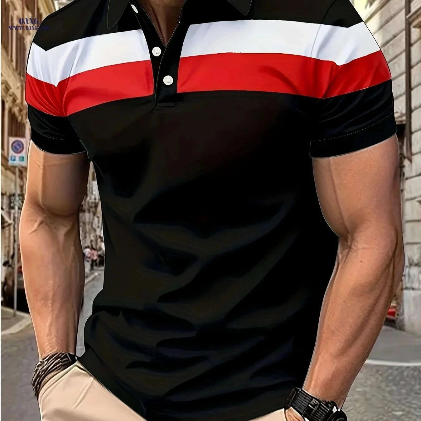 Casual Men's Color Block Short Sleeve Lapel Shirt for Summer Golf   OAXG Light Grey+Navy Blue / FR XS