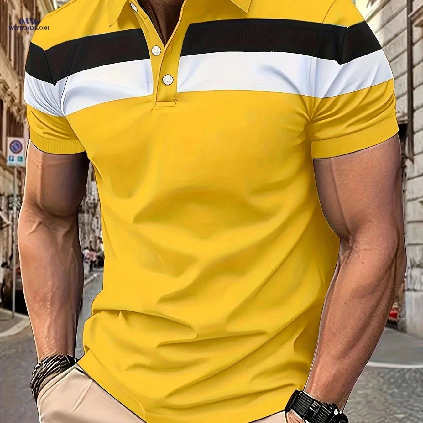 Casual Men's Color Block Short Sleeve Lapel Shirt for Summer Golf   OAXG Light Grey+Navy Blue / FR XS