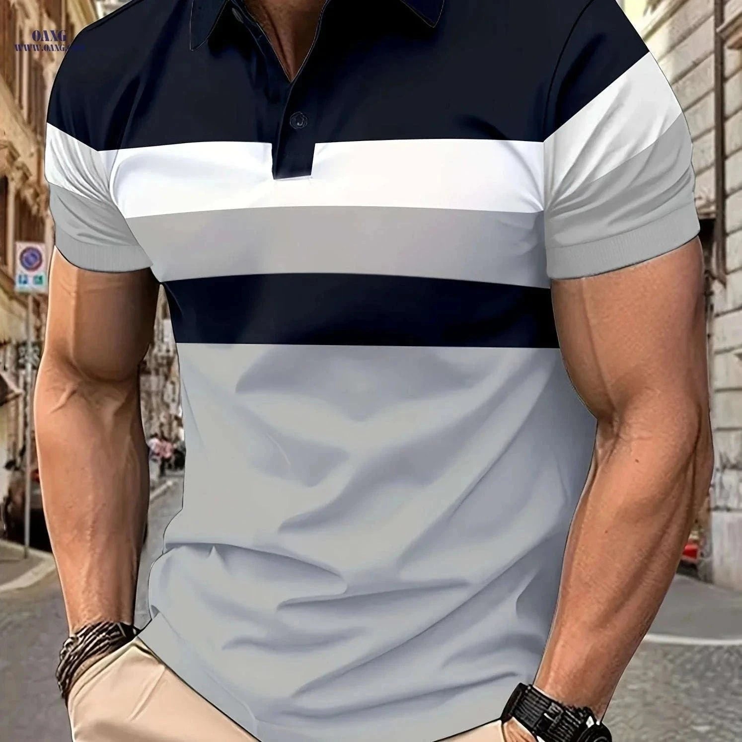 Casual Men's Color Block Short Sleeve Lapel Shirt for Summer Golf   OAXG Light Grey+Navy Blue / FR XS