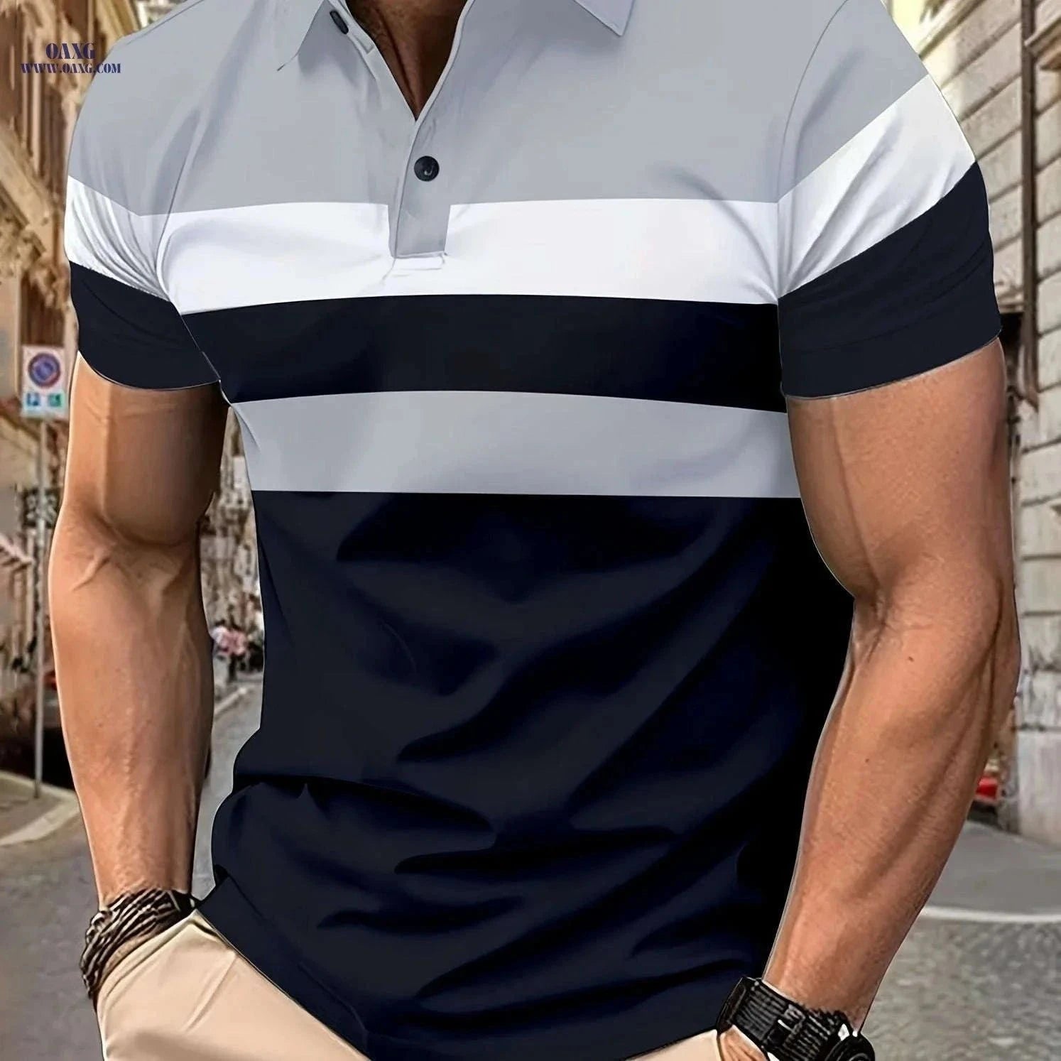 Casual Men's Color Block Short Sleeve Lapel Shirt for Summer Golf   OAXG Light Grey+Navy Blue / FR XS