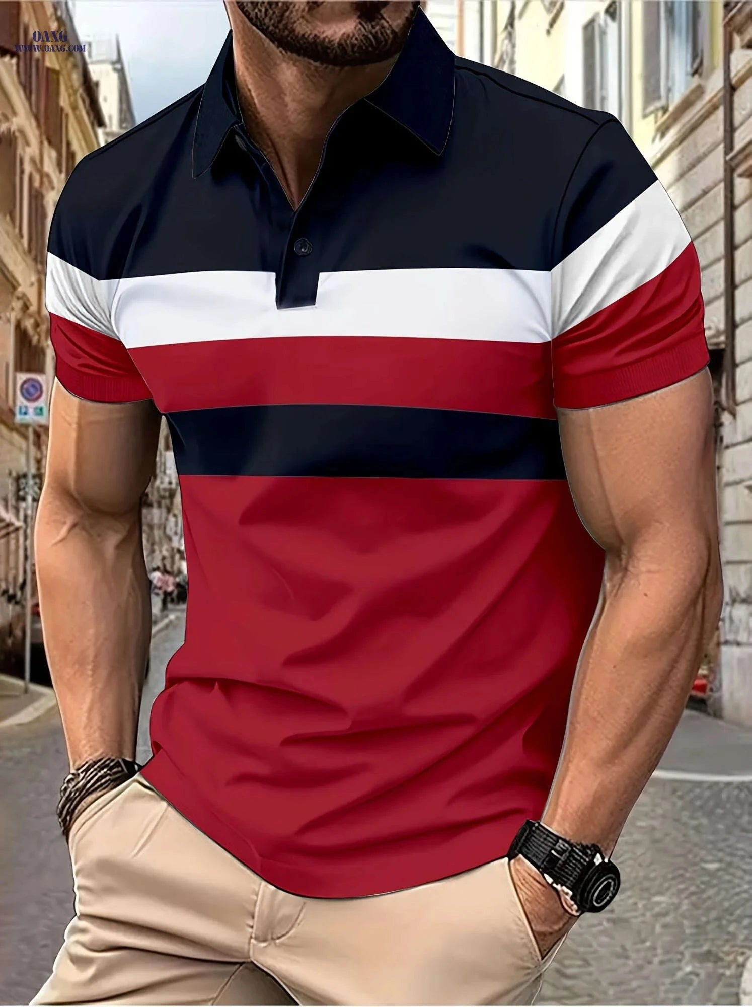 Casual Men's Color Block Short Sleeve Lapel Shirt for Summer Golf   OAXG 