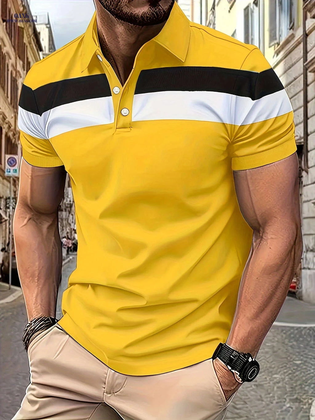 Casual Men's Color Block Short Sleeve Lapel Shirt for Summer Golf   OAXG 