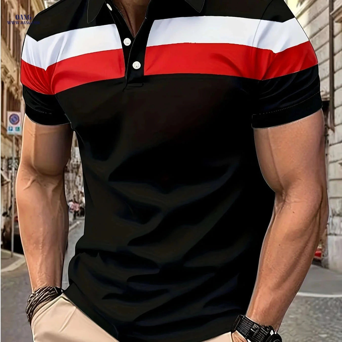 Casual Men's Color Block Short Sleeve Lapel Shirt for Summer Golf   OAXG 