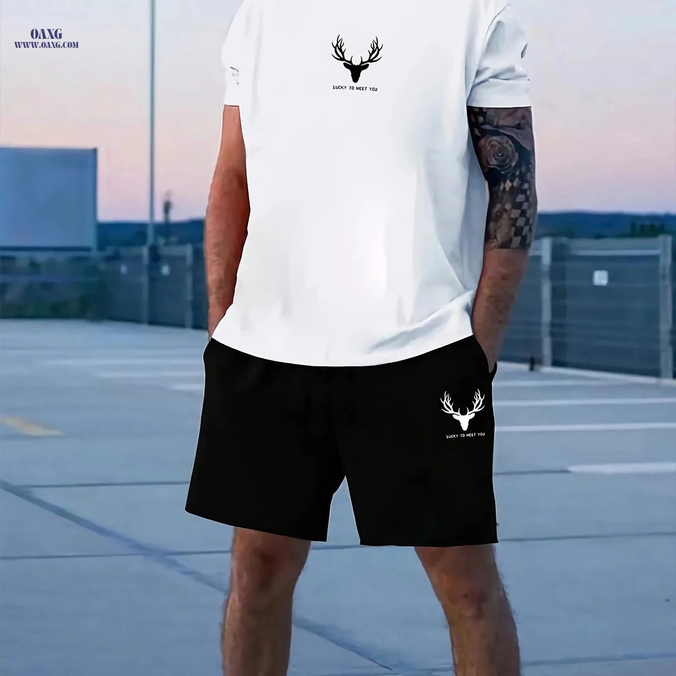 Casual Men's Deer Pattern T-shirt and Shorts Set - Summer Ready   OAXG 
