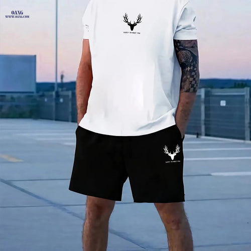 Casual Men's Deer Pattern T-shirt and Shorts Set - Summer Ready   OAXG Black / FR S