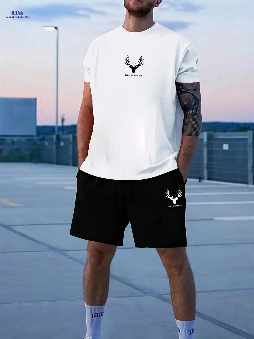 Casual Men's Deer Pattern T-shirt and Shorts Set - Summer Ready   OAXG Black / FR S