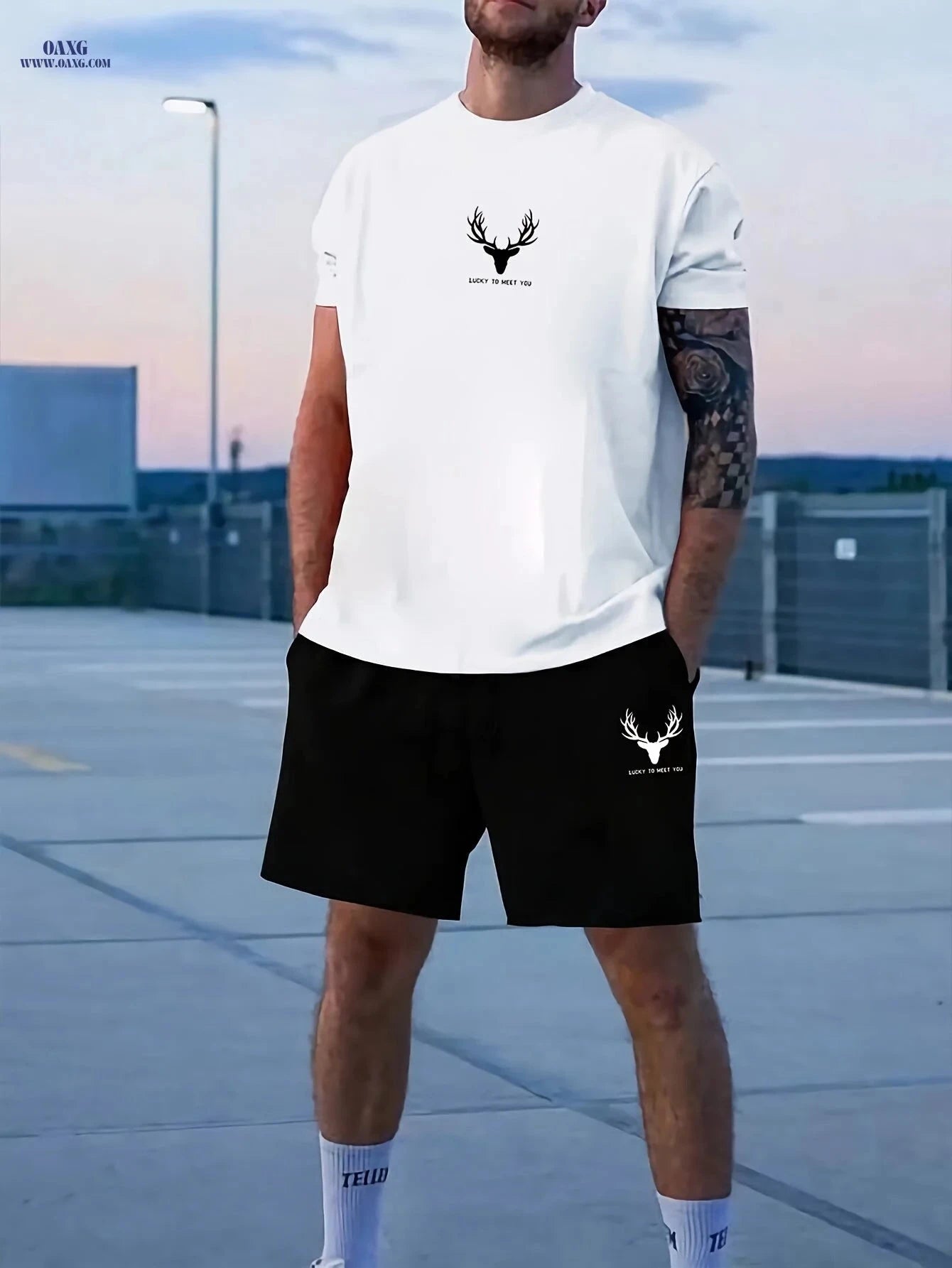 Casual Men's Deer Pattern T-shirt and Shorts Set - Summer Ready   OAXG Black / FR S