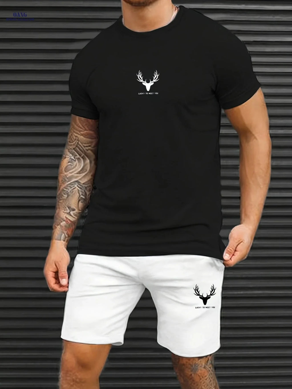 Casual Men's Deer Pattern T-shirt and Shorts Set - Summer Ready   OAXG Black / FR S