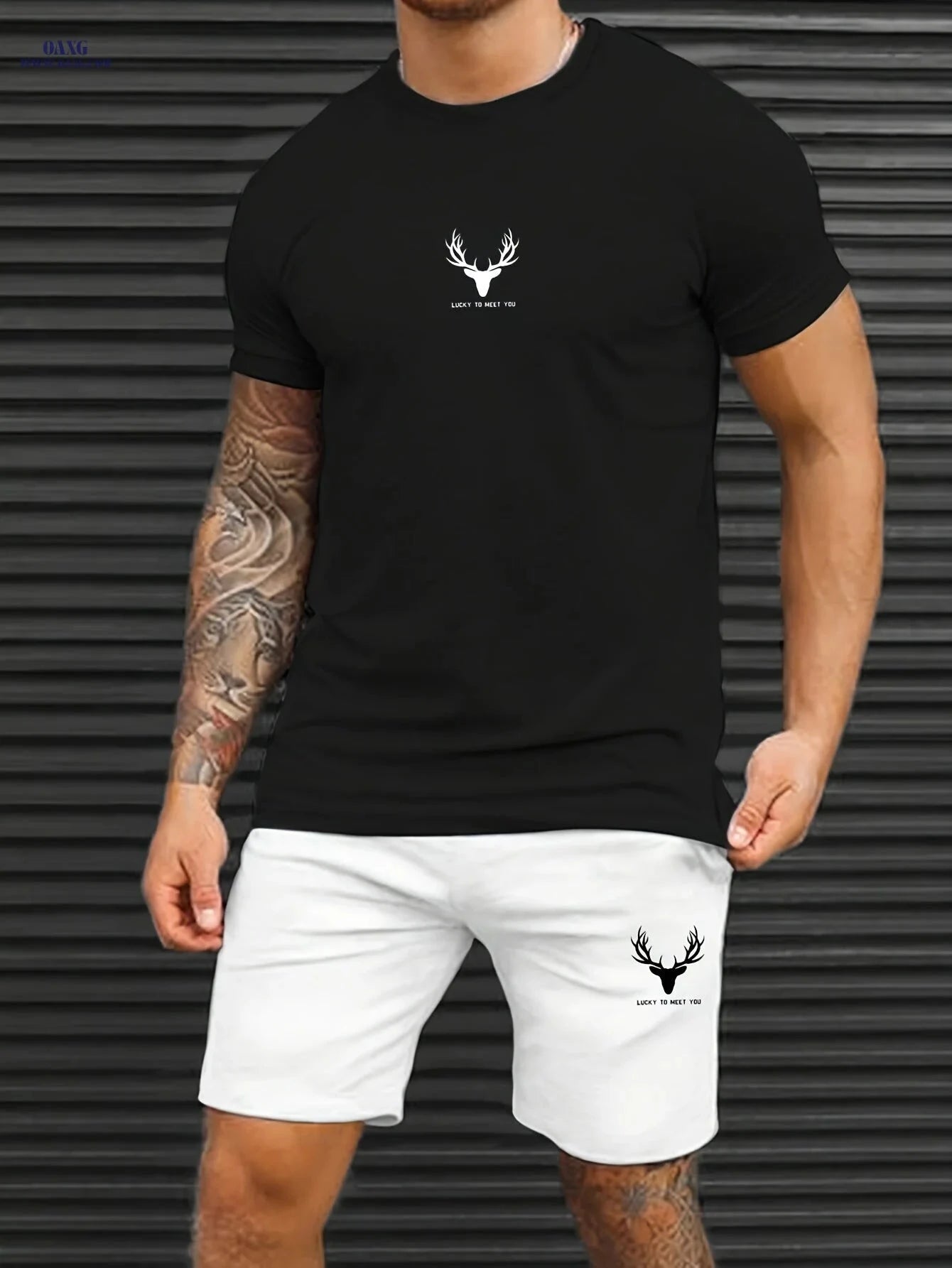 Casual Men's Deer Pattern T-shirt and Shorts Set - Summer Ready   OAXG Black / FR S