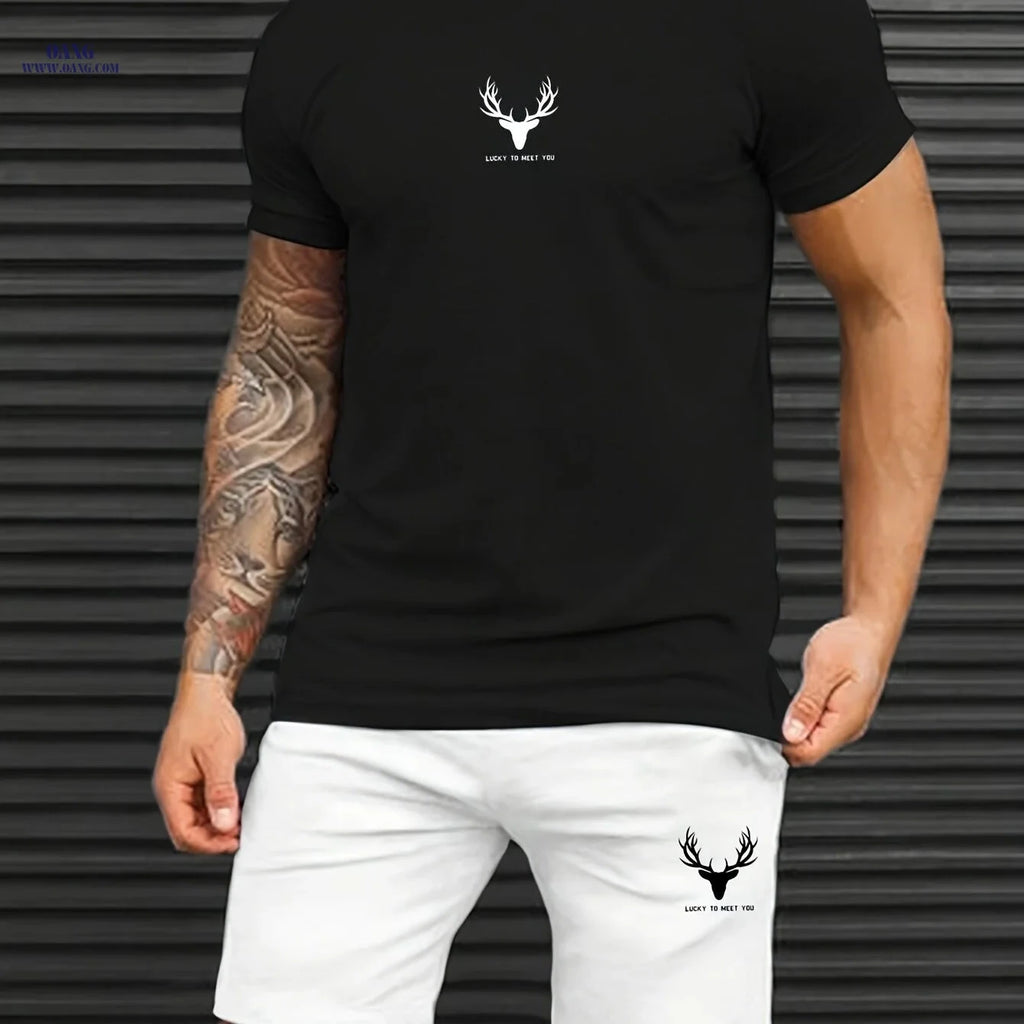 Casual Men's Deer Pattern T-shirt and Shorts Set - Summer Ready   OAXG Black / FR S