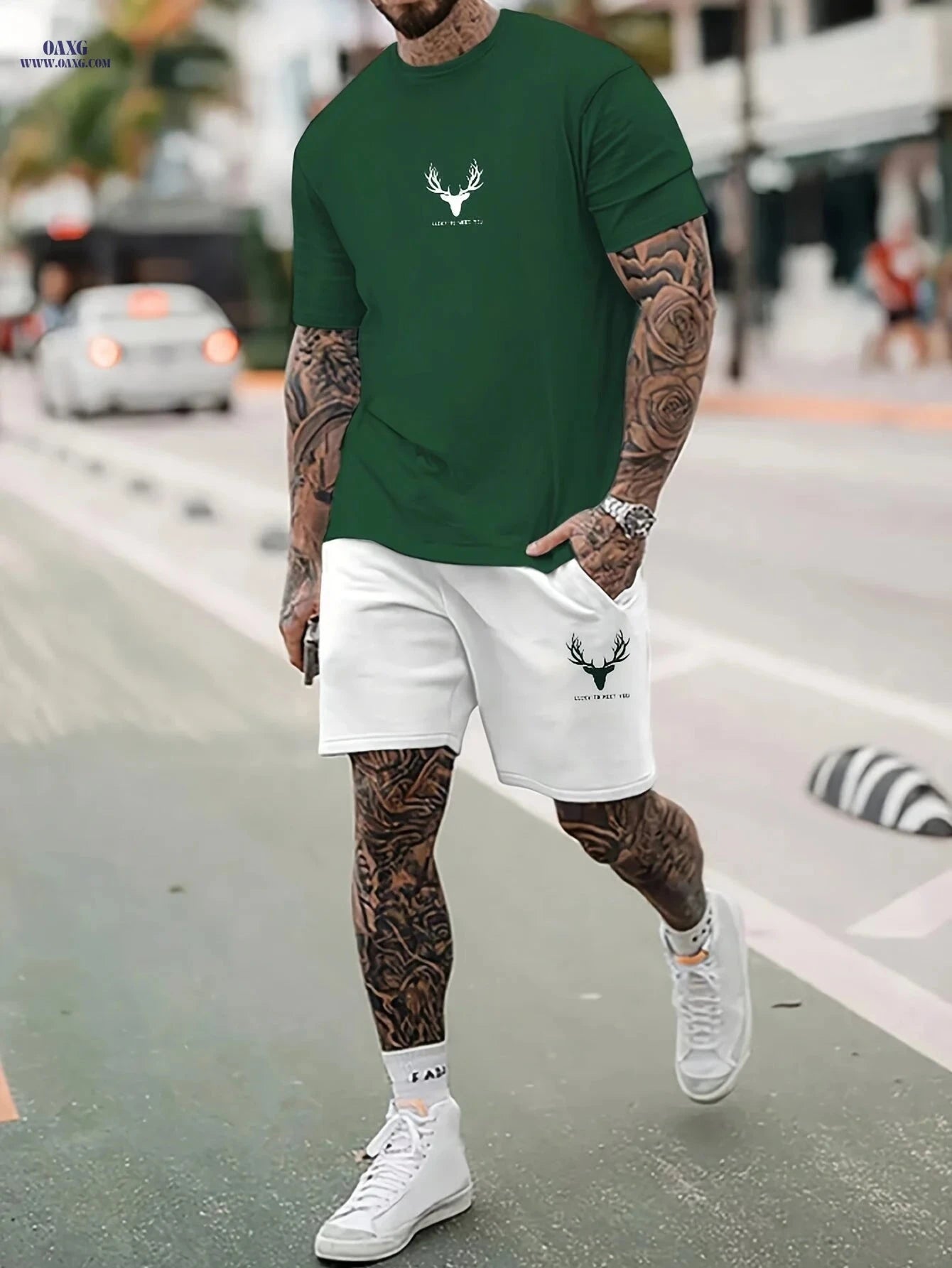 Casual Men's Deer Pattern T-shirt and Shorts Set - Summer Ready   OAXG 