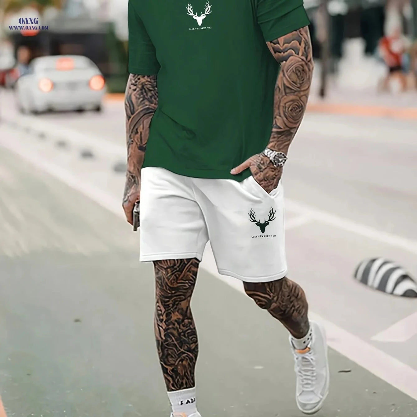 Casual Men's Deer Pattern T-shirt and Shorts Set - Summer Ready   OAXG 