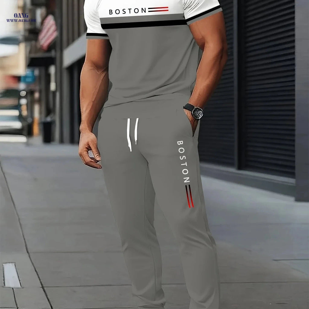 Casual Men's Digital Print T-Shirt & Pants Set - Stretchy Polyester   OAXG 