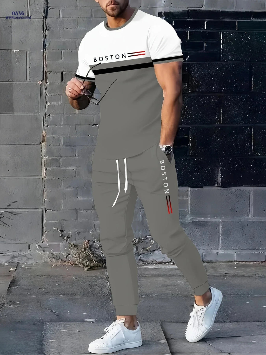 Casual Men's Digital Print T-Shirt & Pants Set - Stretchy Polyester   OAXG CT90 / FR S