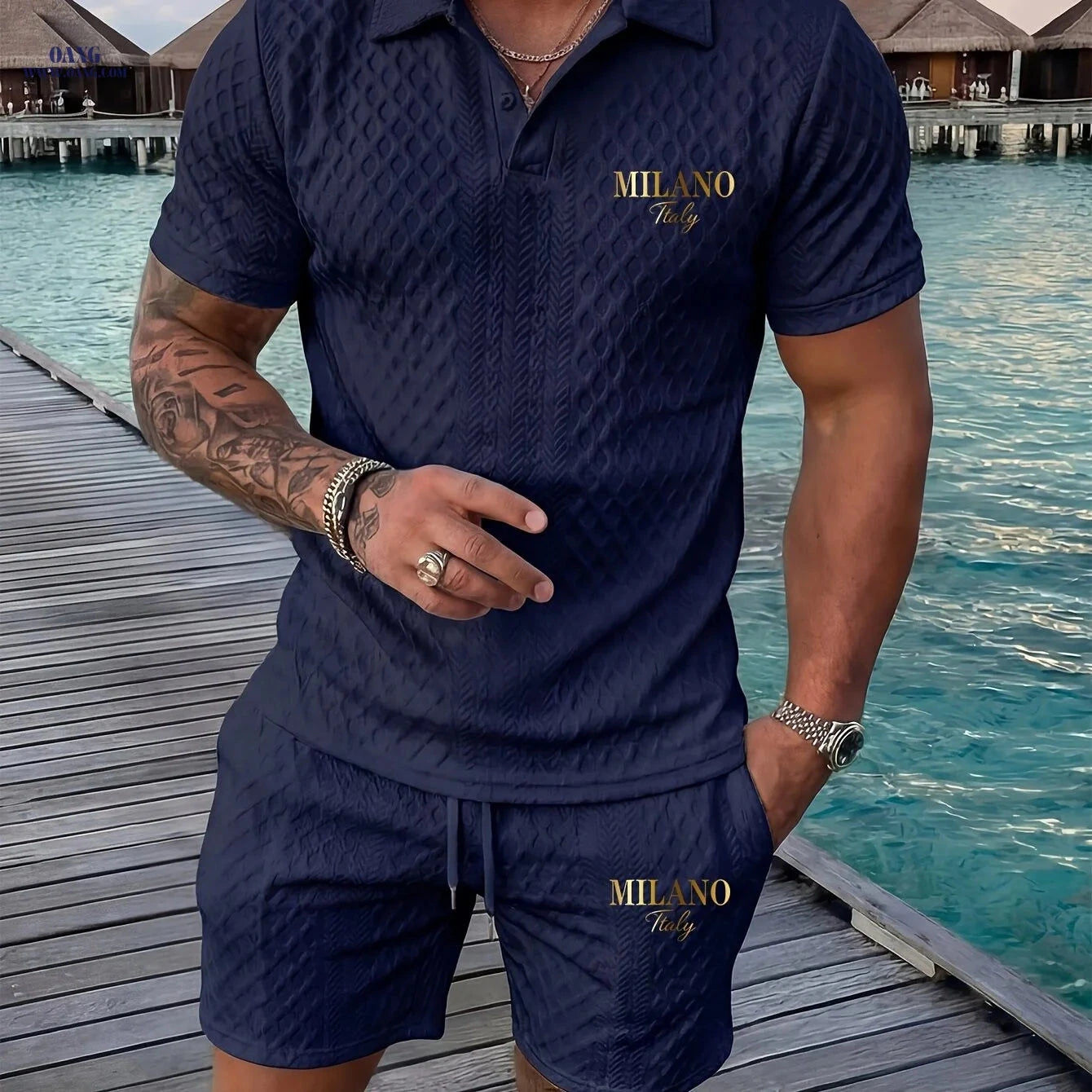 Casual Men’s Geometric Print Polo & Shorts Set - Summer Outfit   OAXG 