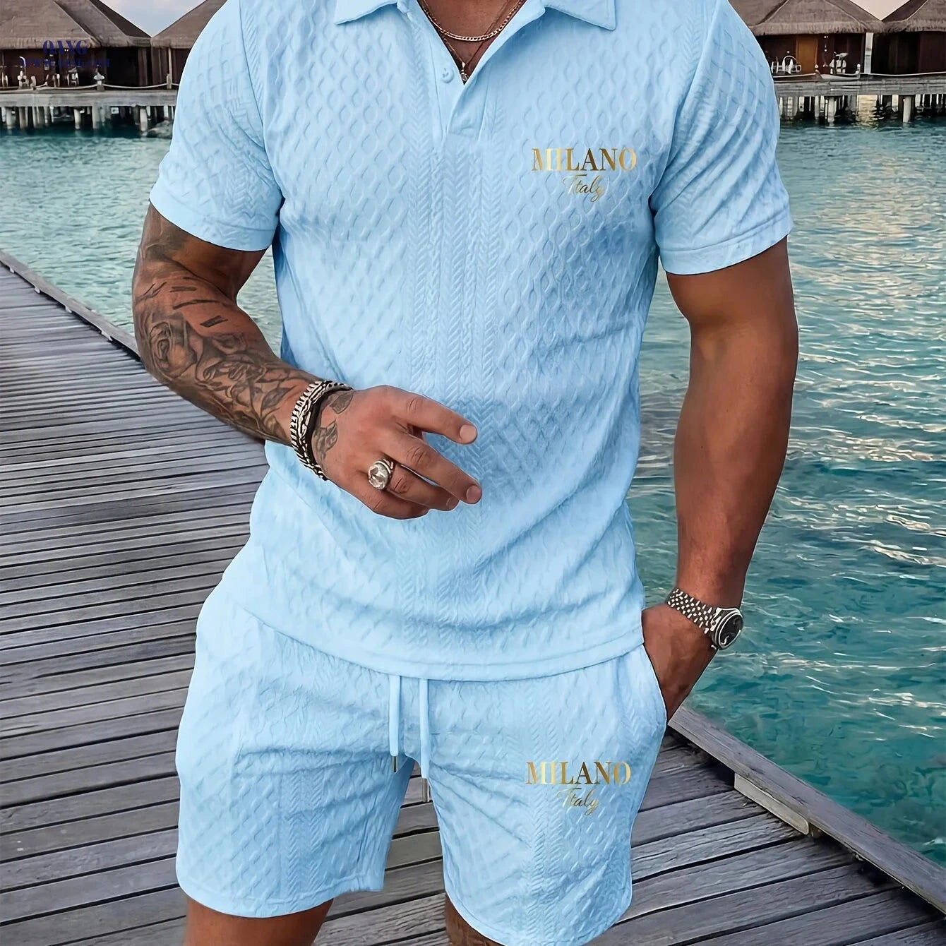 Casual Men’s Geometric Print Polo & Shorts Set - Summer Outfit   OAXG 