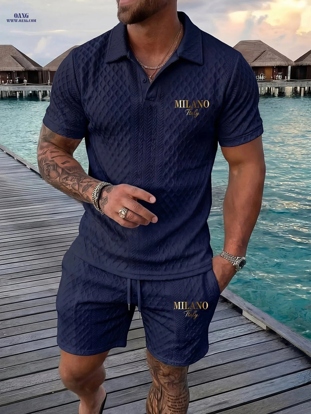 Casual Men’s Geometric Print Polo & Shorts Set - Summer Outfit   OAXG 