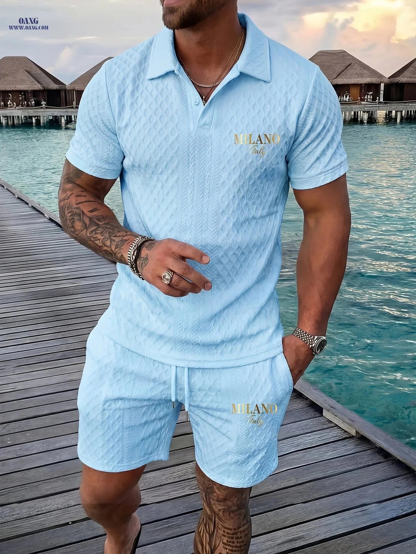 Casual Men’s Geometric Print Polo & Shorts Set - Summer Outfit   OAXG 