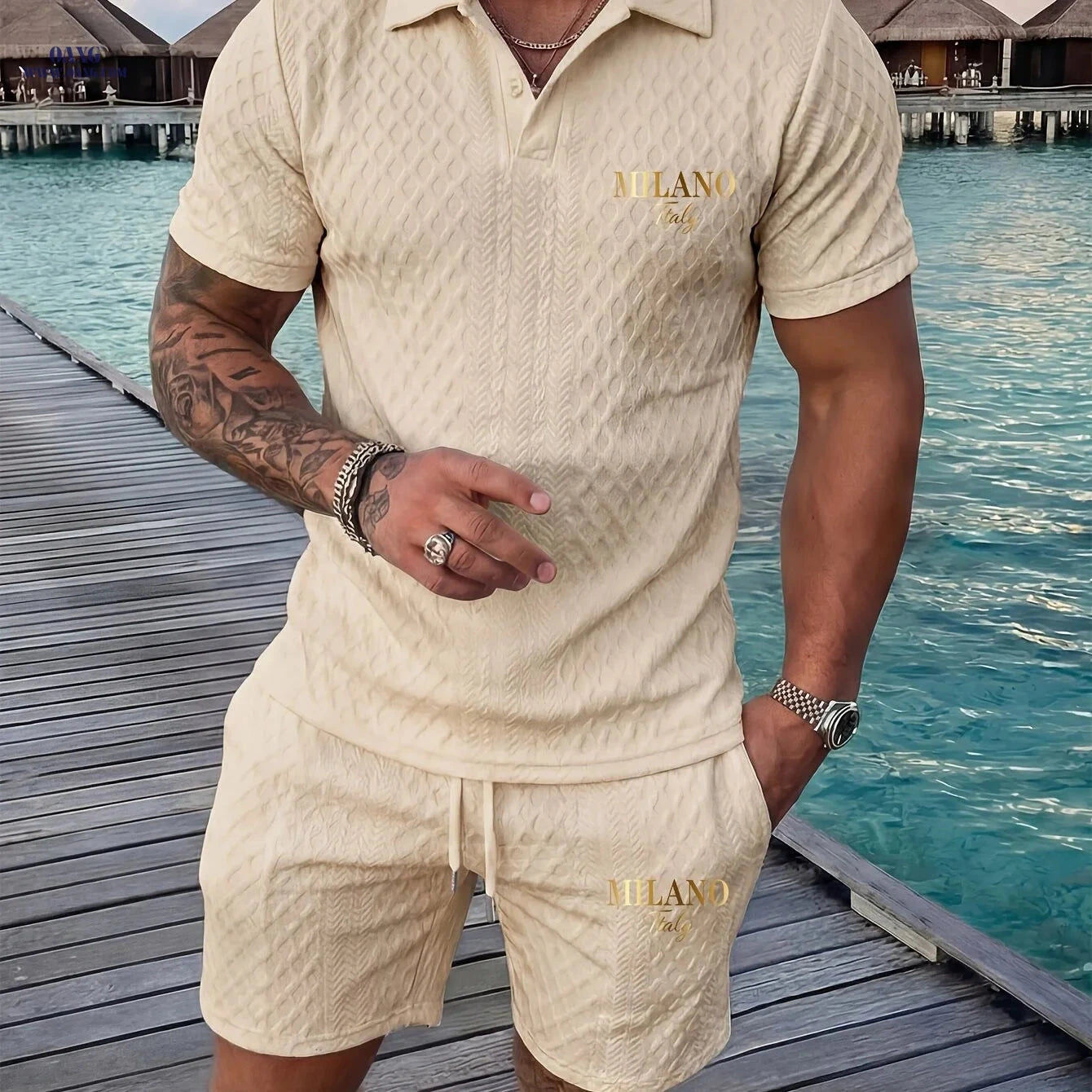 Casual Men’s Geometric Print Polo & Shorts Set - Summer Outfit   OAXG Navy Color / FR S