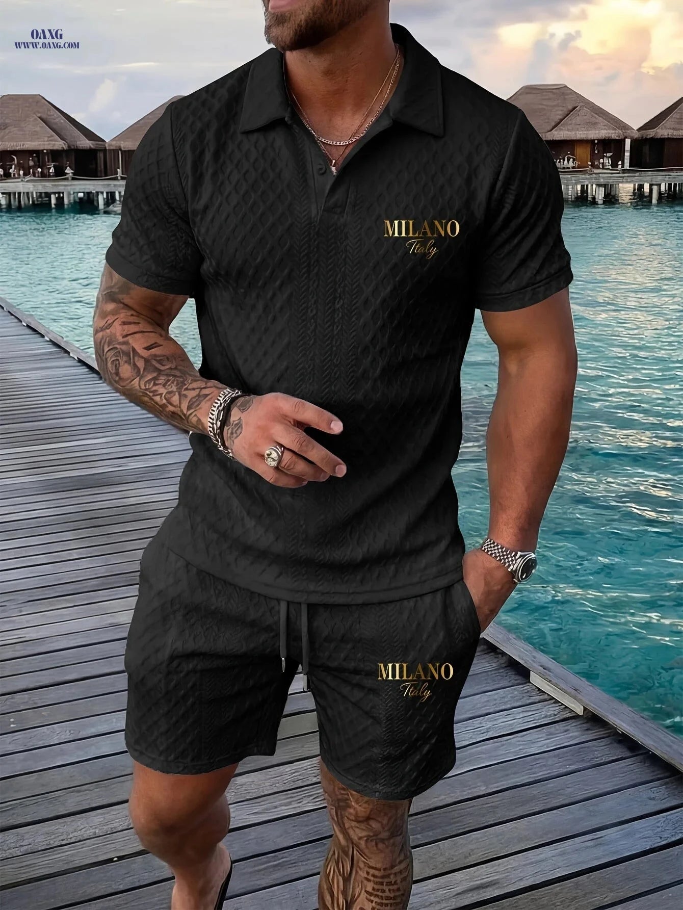 Casual Men’s Geometric Print Polo & Shorts Set - Summer Outfit   OAXG Navy Color / FR S