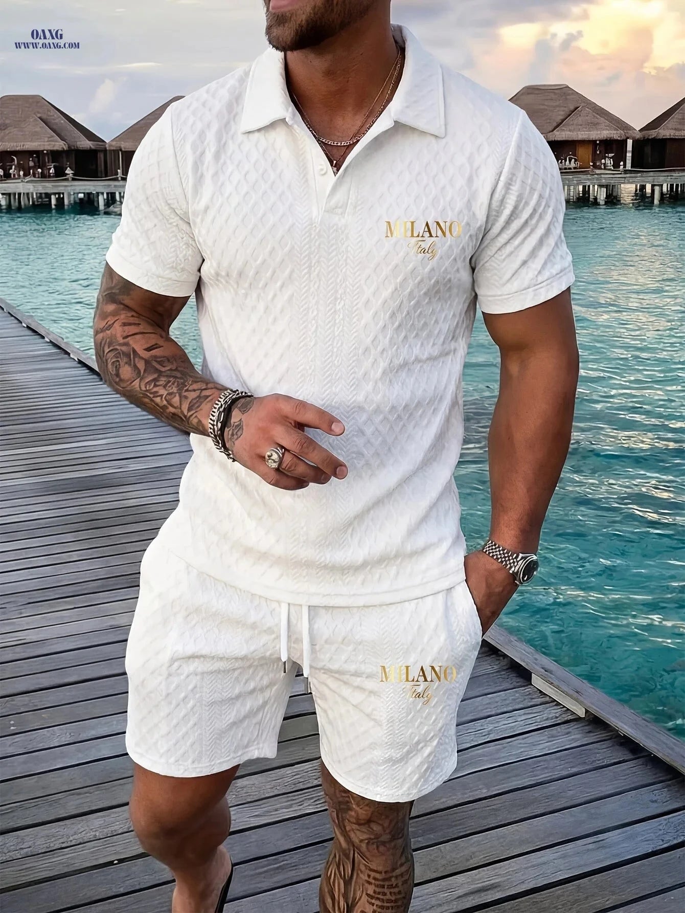 Casual Men’s Geometric Print Polo & Shorts Set - Summer Outfit   OAXG Navy Color / FR S