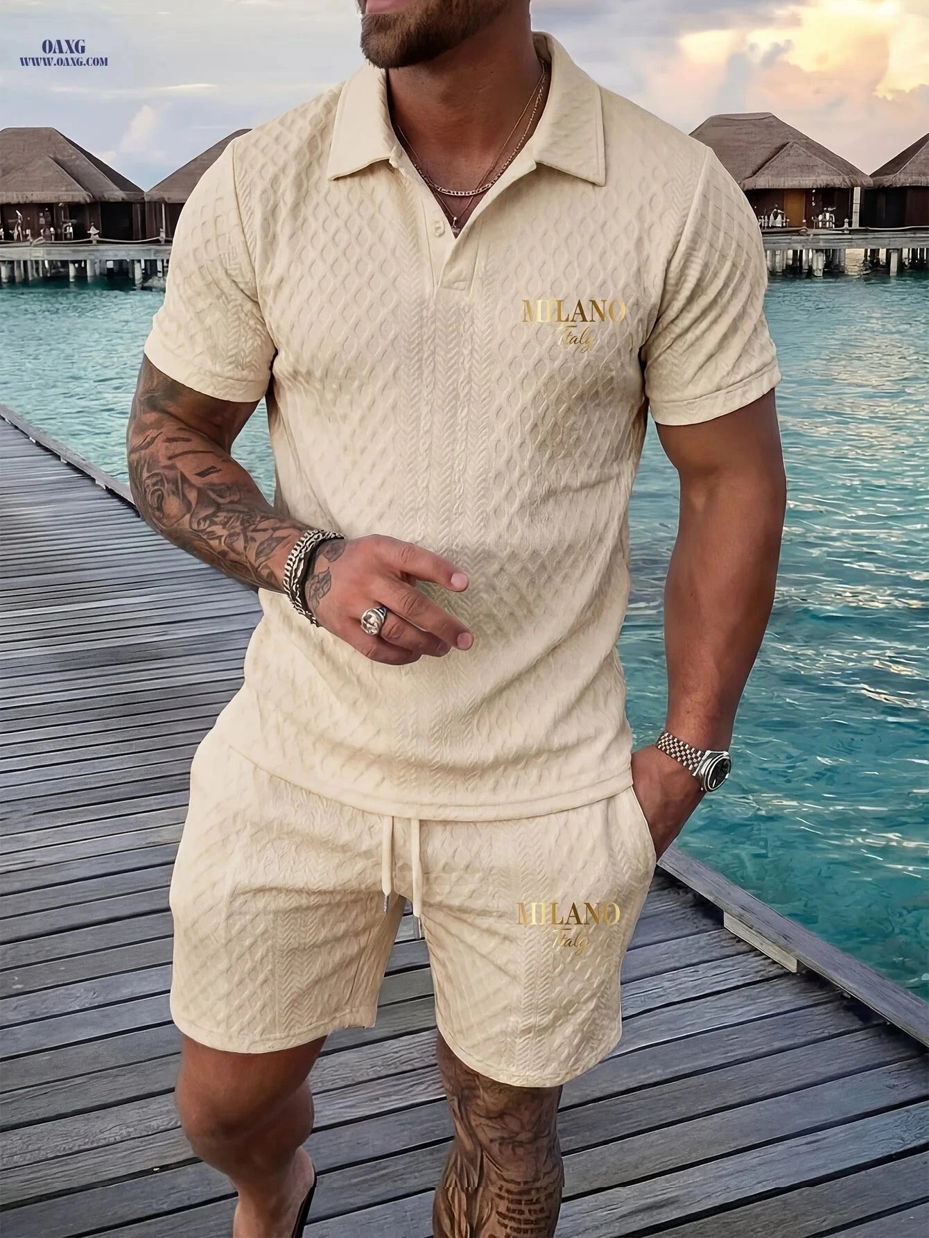 Casual Men’s Geometric Print Polo & Shorts Set - Summer Outfit   OAXG 