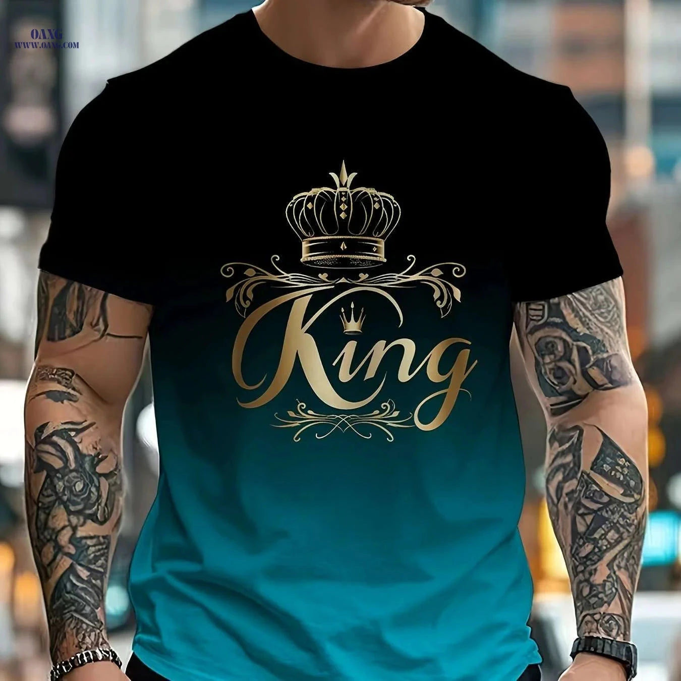 Casual Men's Gradient T-Shirt - Lightweight Crew Neck, KING Print   OAXG 