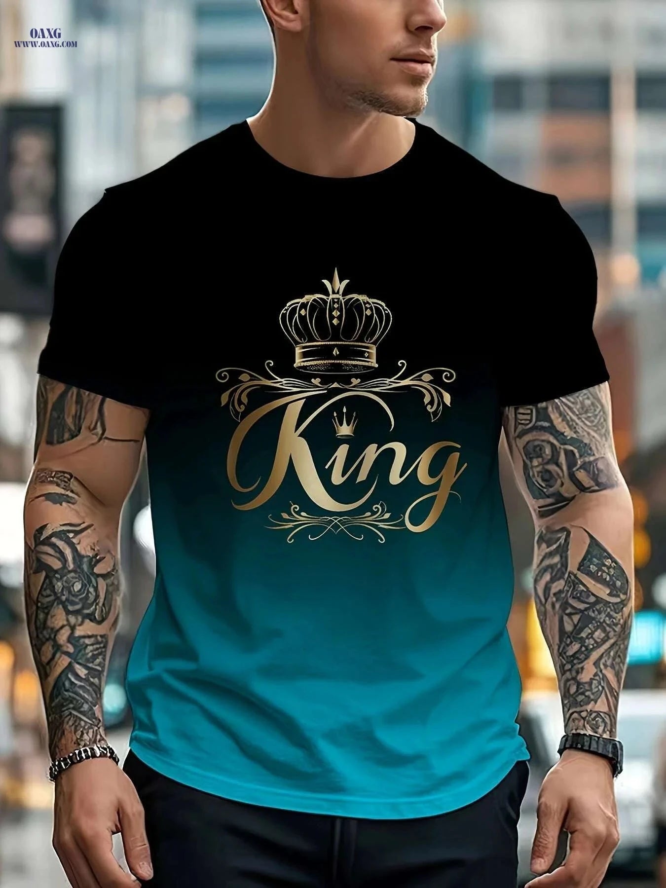 Casual Men's Gradient T-Shirt - Lightweight Crew Neck, KING Print   OAXG PYDX19 / S