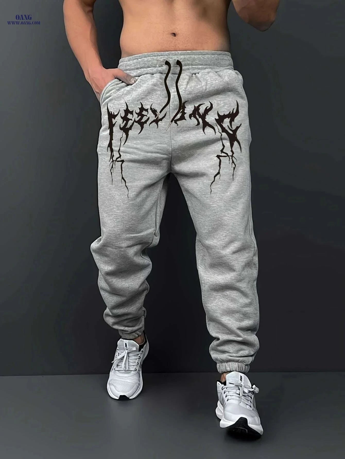 Casual Men’s Graphic Print Sweatpants - Drawstring & Stretch Fit   OAXG Light Grey / S