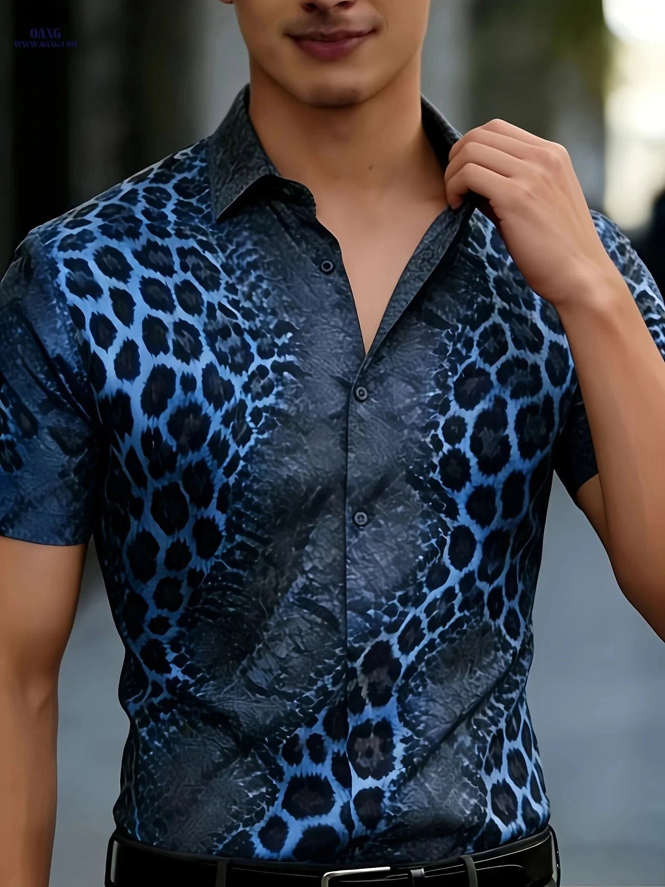 Casual Men's Leopard Print Shirt - Summer Steel Gray, Blue, Purple   OAXG 