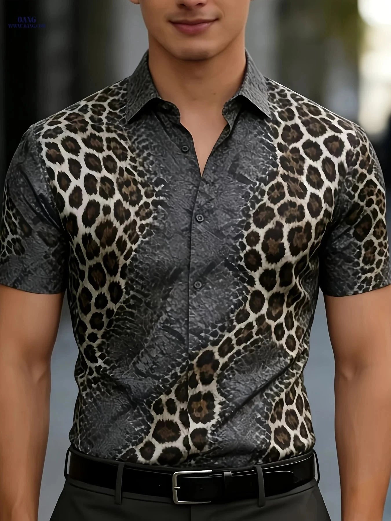 Casual Men's Leopard Print Shirt - Summer Steel Gray, Blue, Purple   OAXG 
