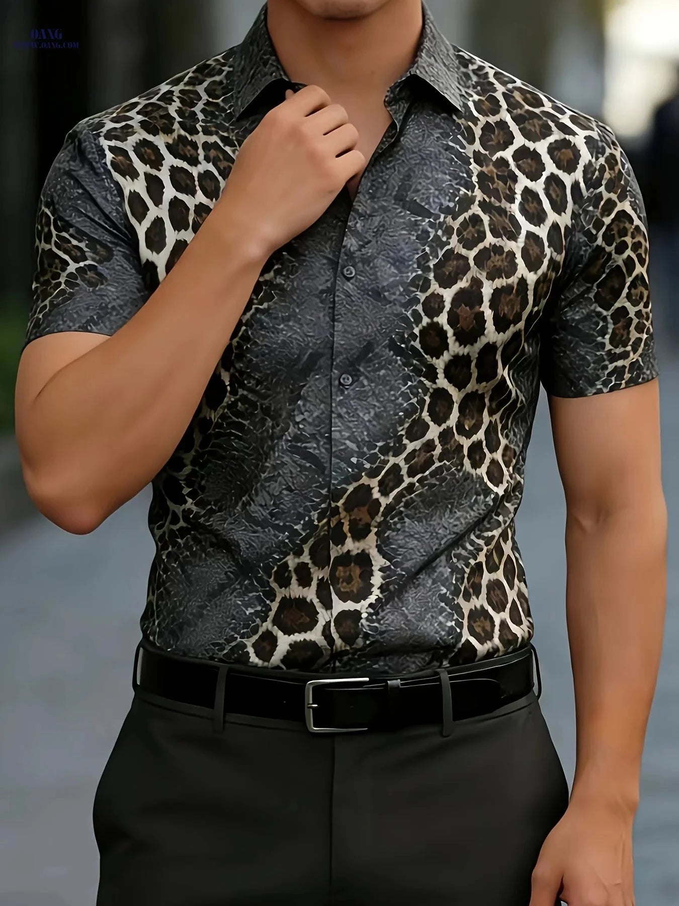 Casual Men's Leopard Print Shirt - Summer Steel Gray, Blue, Purple   OAXG Mysterious Purple / FR S