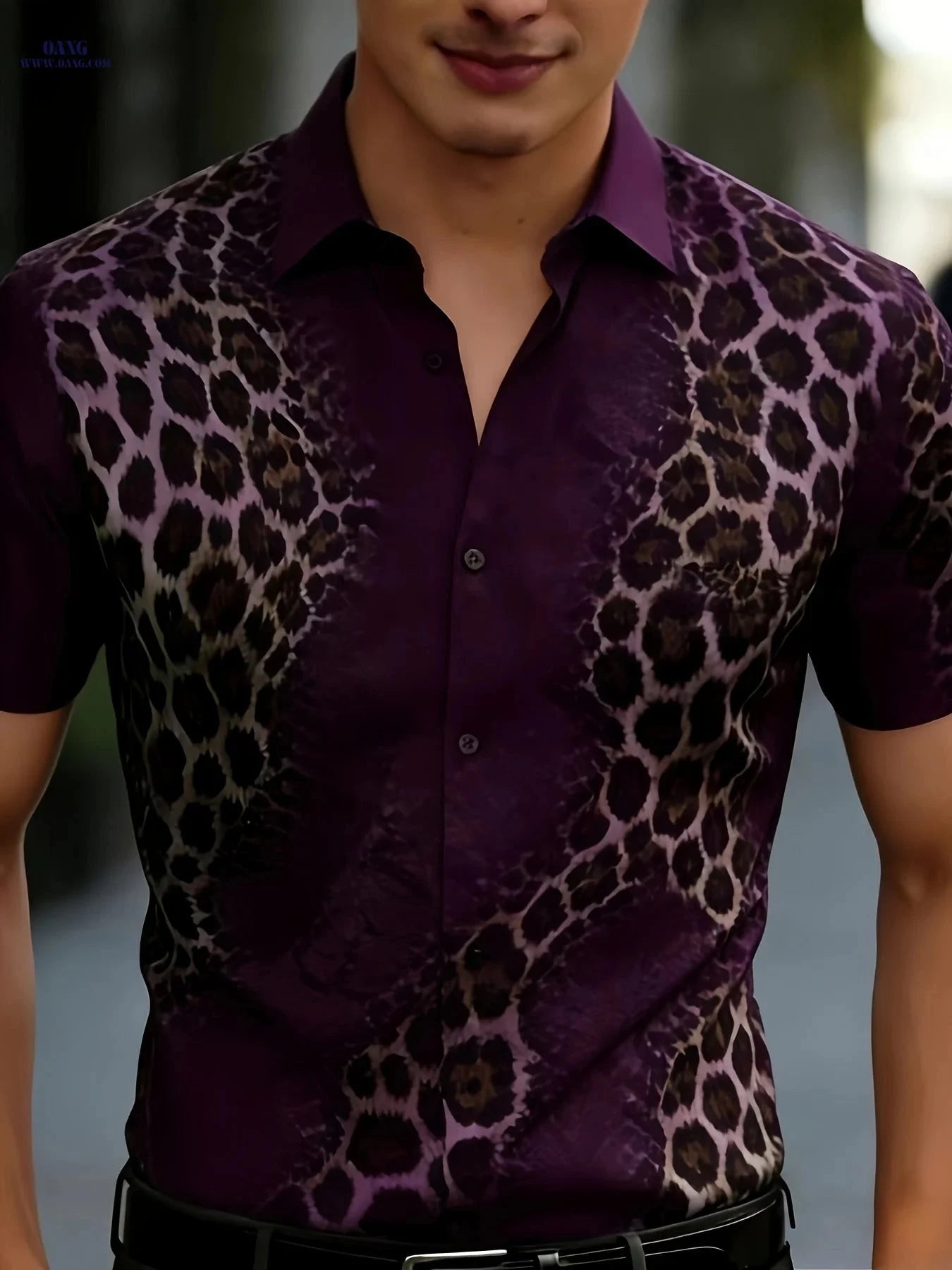 Casual Men's Leopard Print Shirt - Summer Steel Gray, Blue, Purple   OAXG Mysterious Purple / FR S