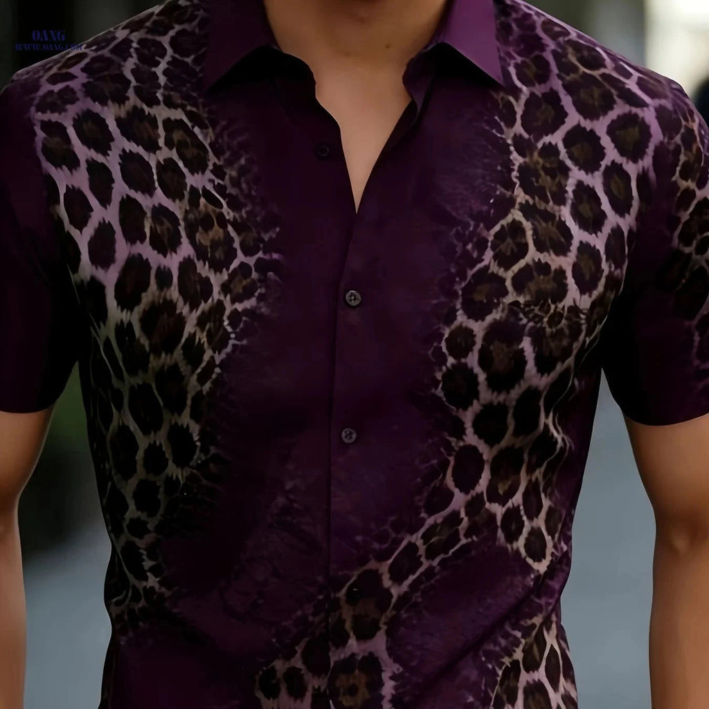 Casual Men's Leopard Print Shirt - Summer Steel Gray, Blue, Purple   OAXG Mysterious Purple / FR S
