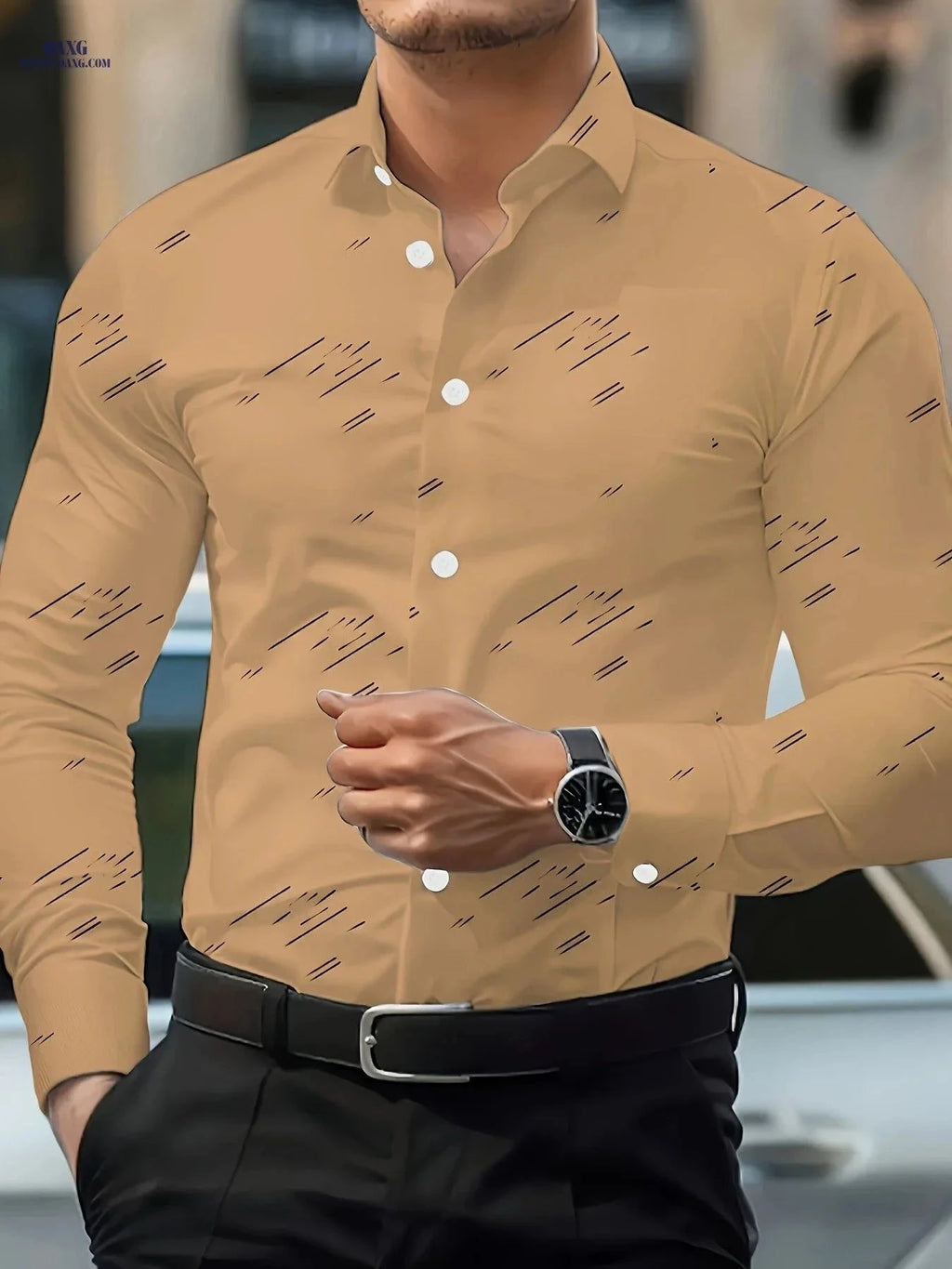 Casual Men's Long-Sleeved Shirt - Geometric Print for All Seasons   OAXG Royal Blue / FR XL