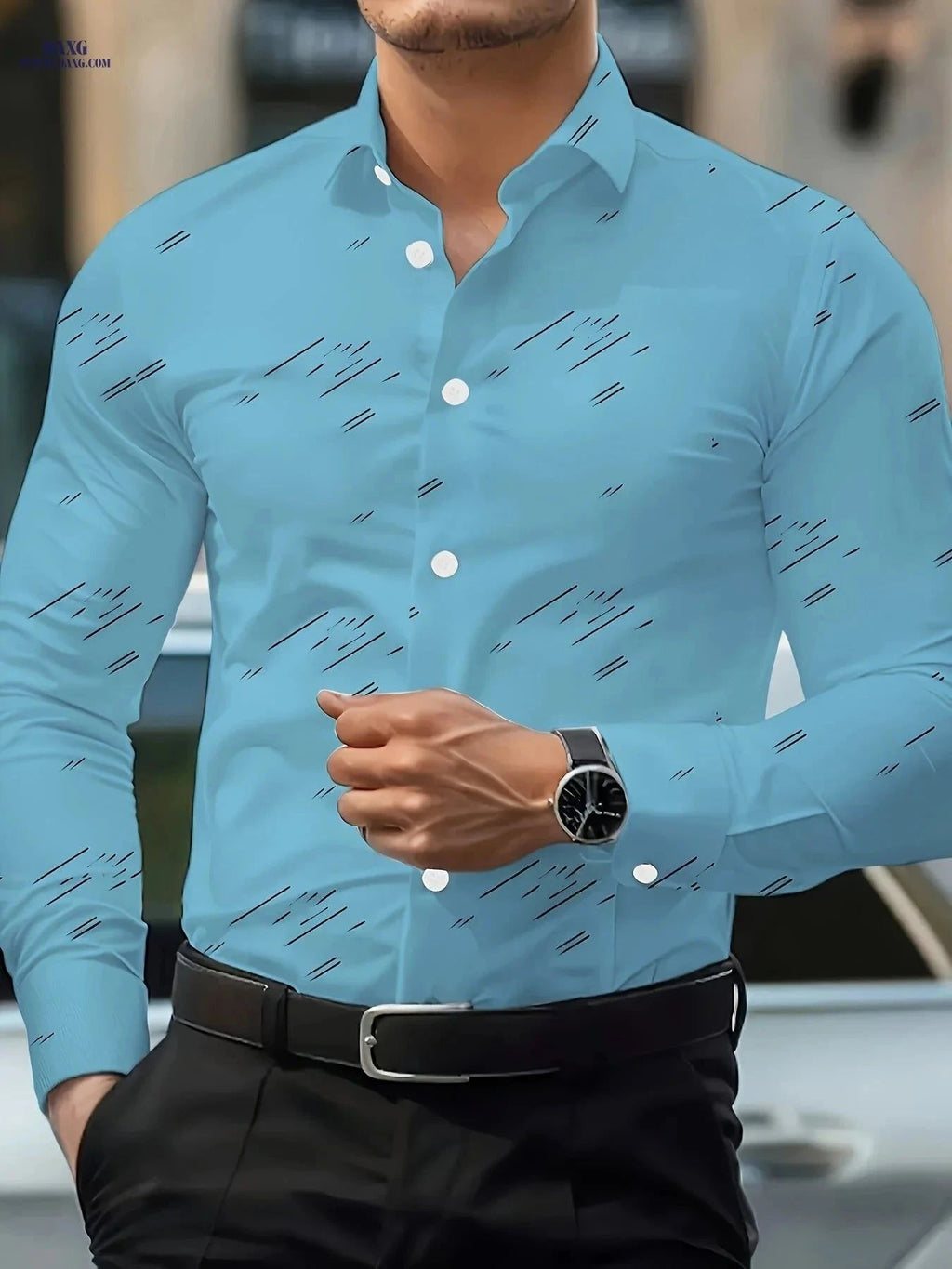 Casual Men's Long-Sleeved Shirt - Geometric Print for All Seasons   OAXG Royal Blue / FR XL