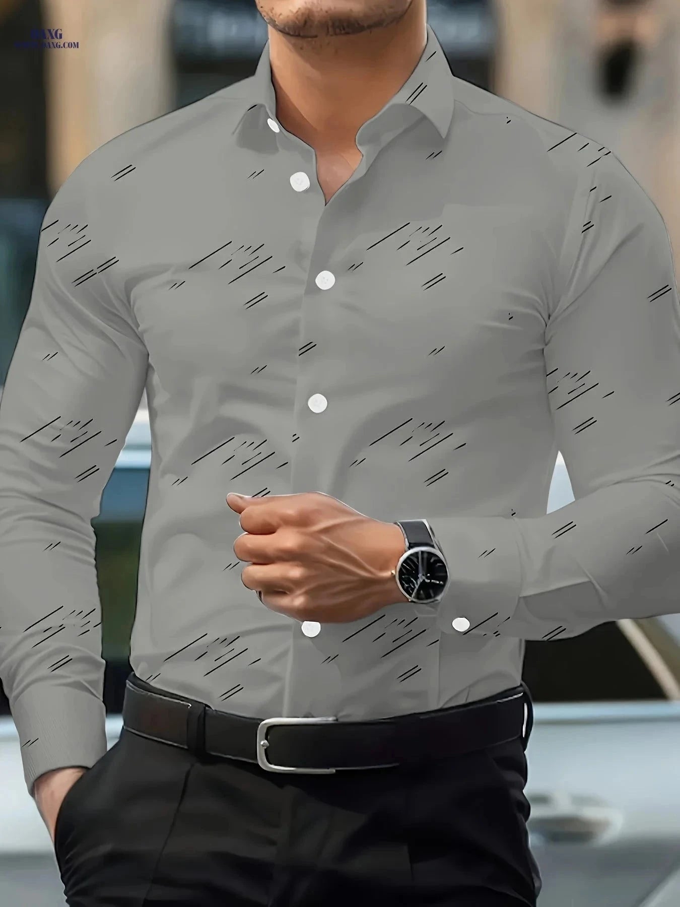 Casual Men's Long-Sleeved Shirt - Geometric Print for All Seasons   OAXG Royal Blue / FR XL