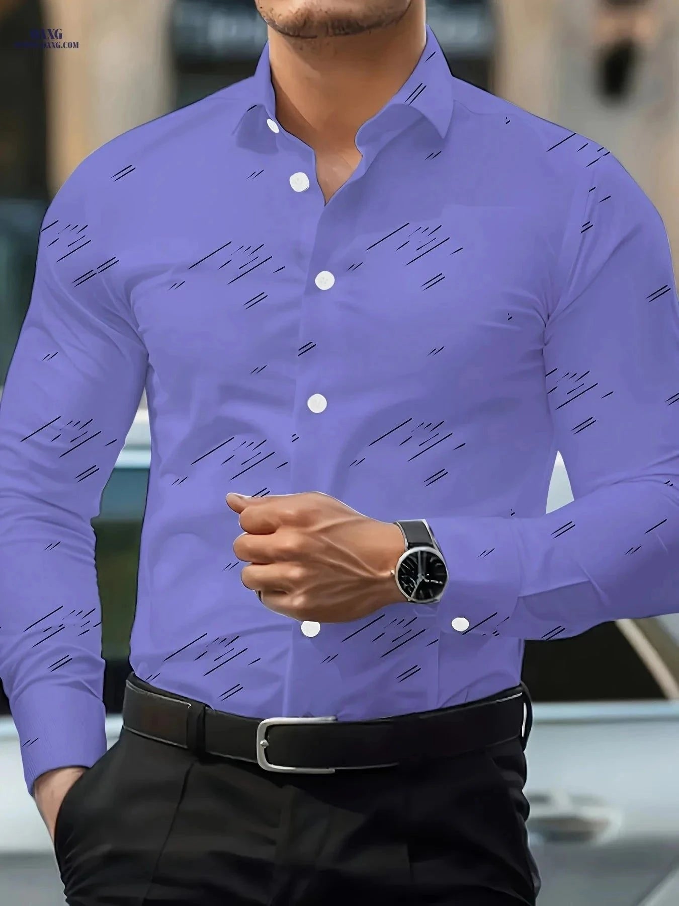Casual Men's Long-Sleeved Shirt - Geometric Print for All Seasons   OAXG Royal Blue / FR XL