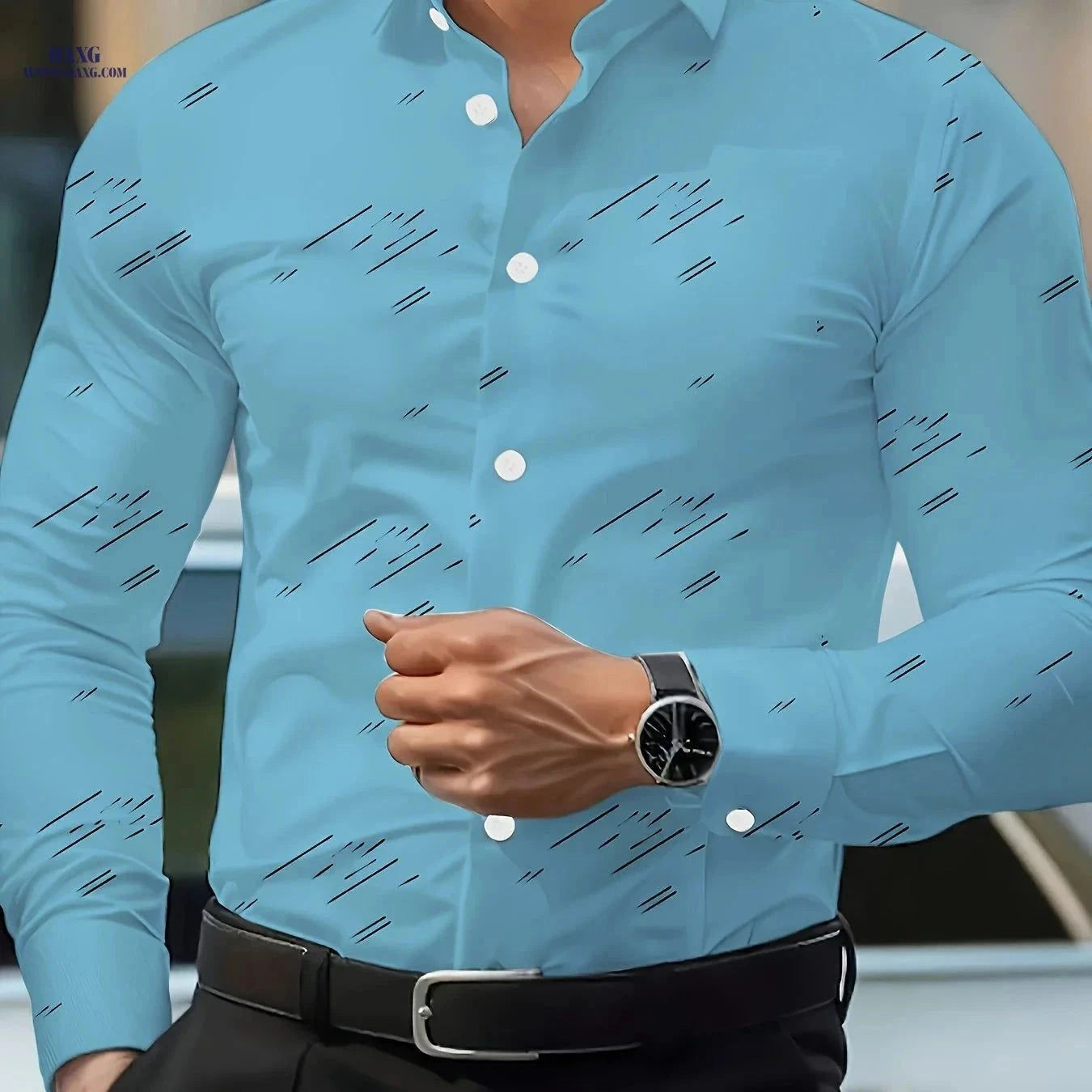 Casual Men's Long-Sleeved Shirt - Geometric Print for All Seasons   OAXG Royal Blue / FR XL