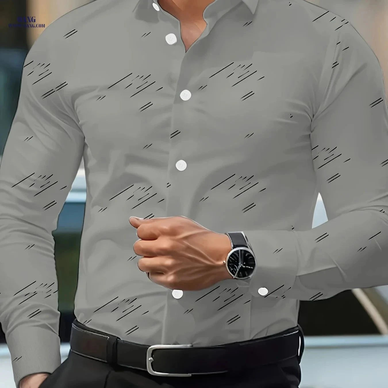 Casual Men's Long-Sleeved Shirt - Geometric Print for All Seasons   OAXG Royal Blue / FR XL