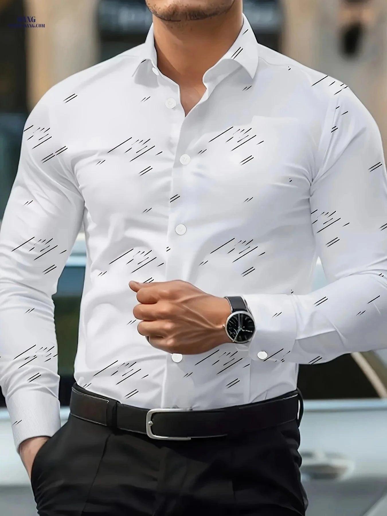 Casual Men's Long-Sleeved Shirt - Geometric Print for All Seasons   OAXG Royal Blue / FR XL