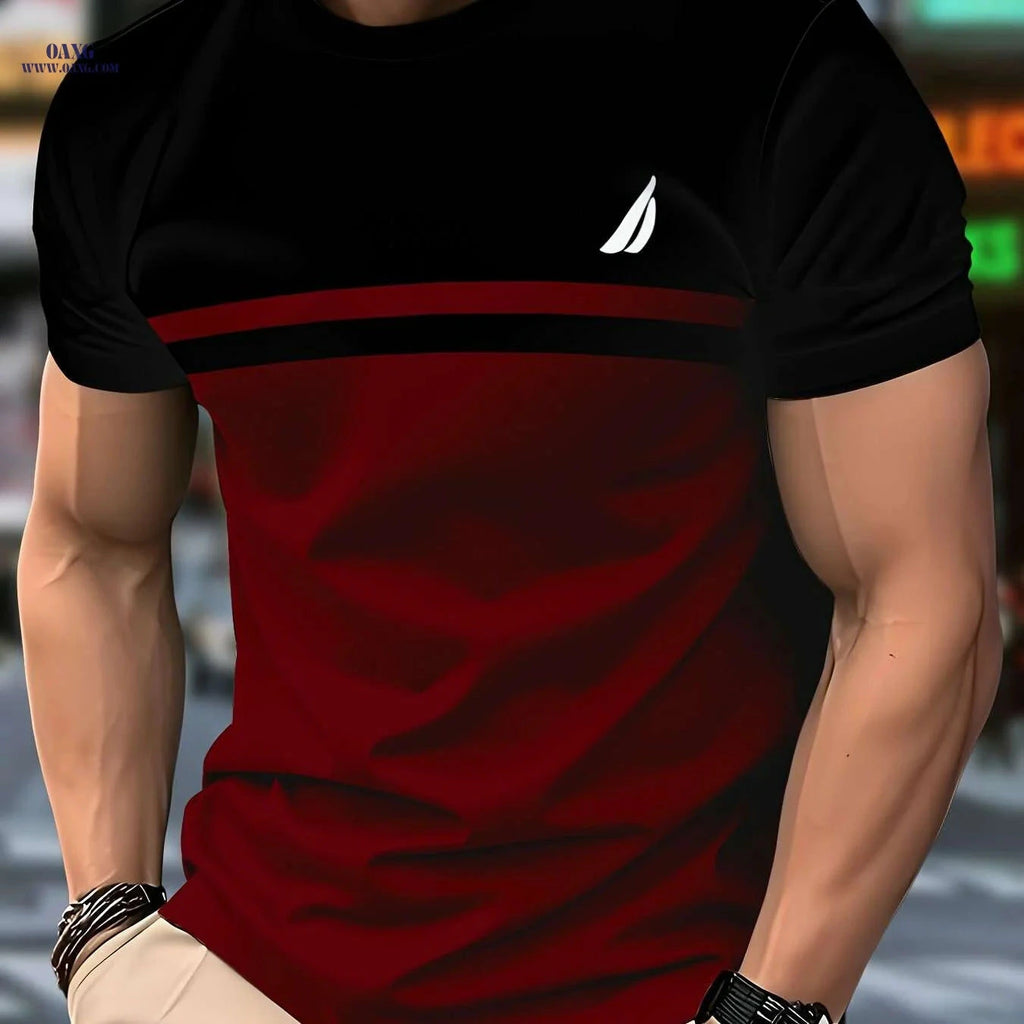 Casual Men's Polyester T-Shirt - Stripe Pattern, Crew Neck Fit   OAXG Mixed Color / S