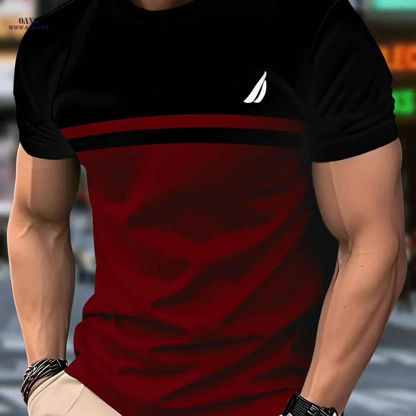 Casual Men's Polyester T-Shirt - Stripe Pattern, Crew Neck Fit   OAXG Mixed Color / S